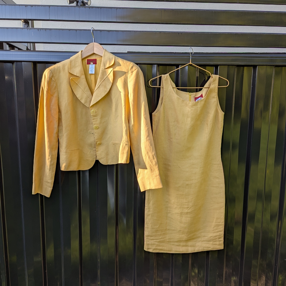Kenzo Paris Yellow Linen Dress Suit EU36, Sleeveless Dress And Jacket
